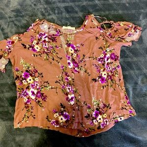 Pink Floral Peasant Tunic ruffled short sleeves peekaboo shoulders